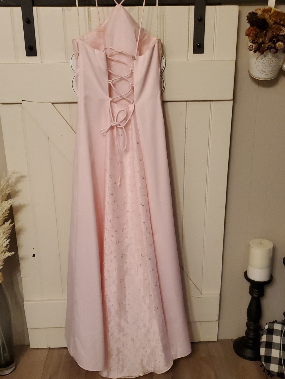Onyx Nite Pale Pink Lace-Up Backless Halter Dress